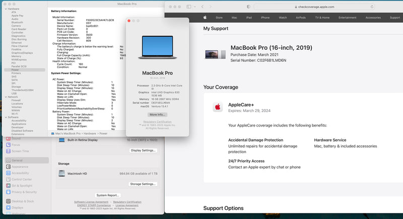 Apple 2019 16 in MacBook Pro TB 2.3GHz 8-Core i9 16GB 1TB SSD RP5500M AC+